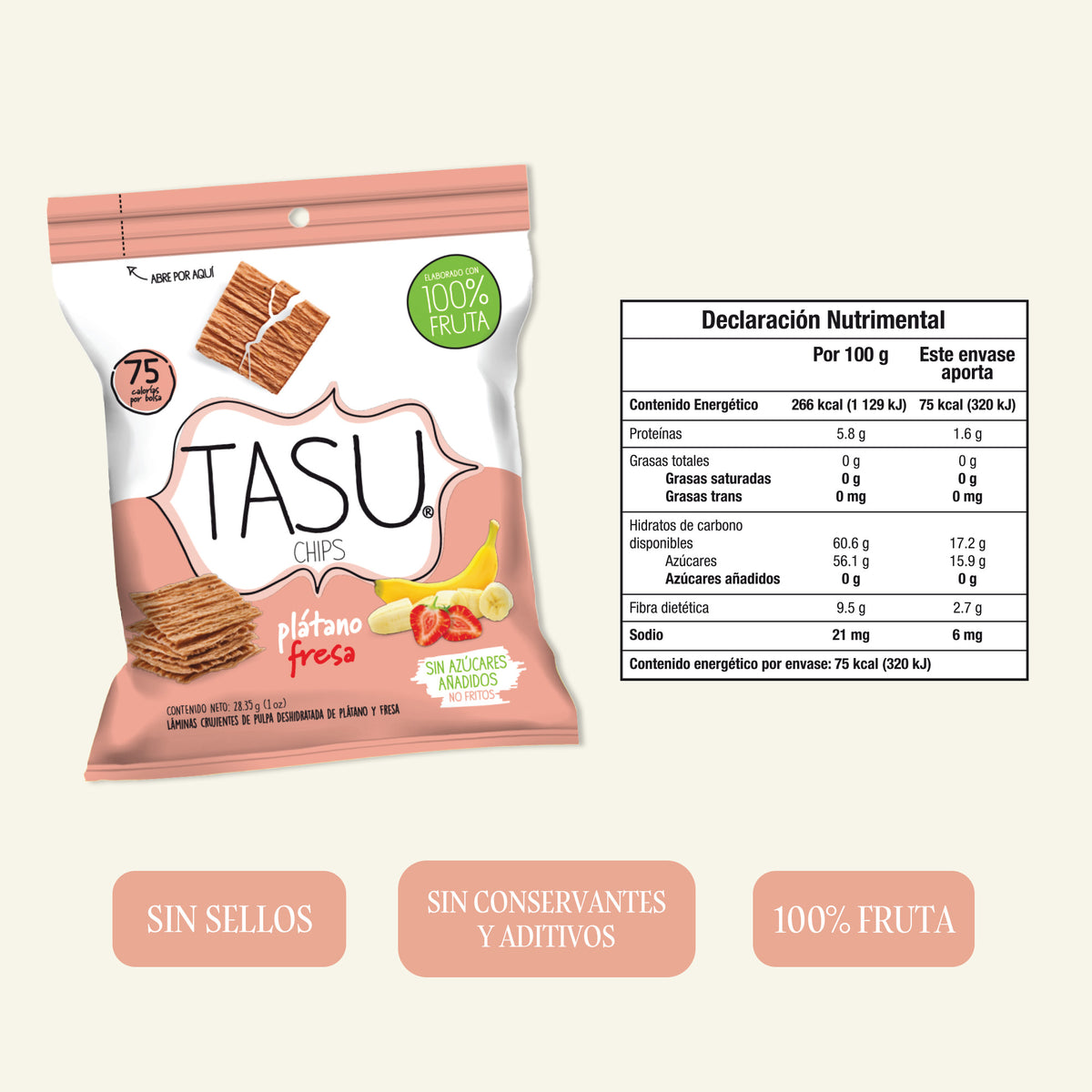 Chips de Plátano Fresa 28.5 g – 100% Fruta Natural | TASU